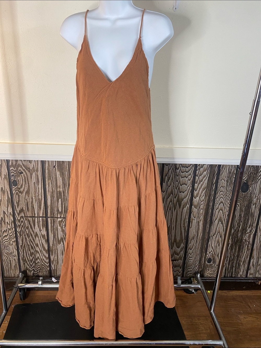 Tiered Spaghetti-Strap Maxi Dress in Light Brown